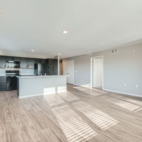 open concept living with townhome kitchen island